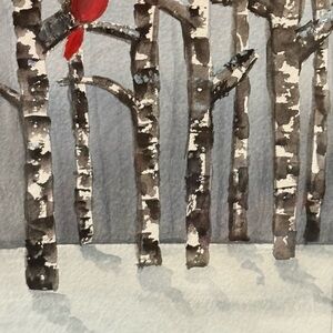 Cardinal in Birch Forest watercolor painting